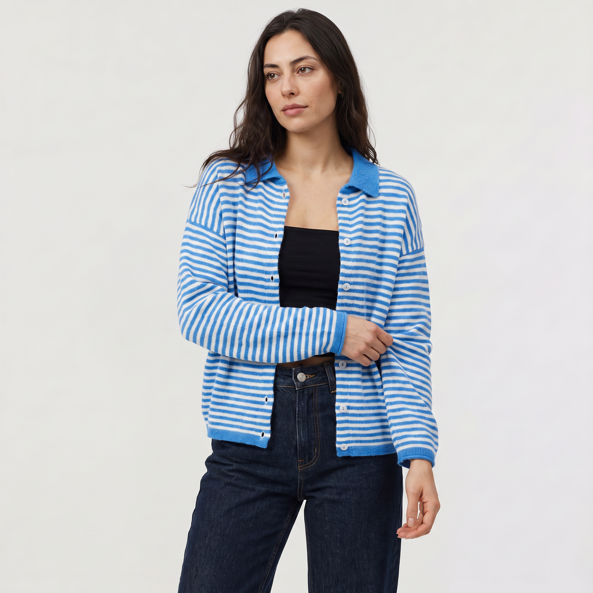 Women's Striped Collared Knit Cardigan - Button Front