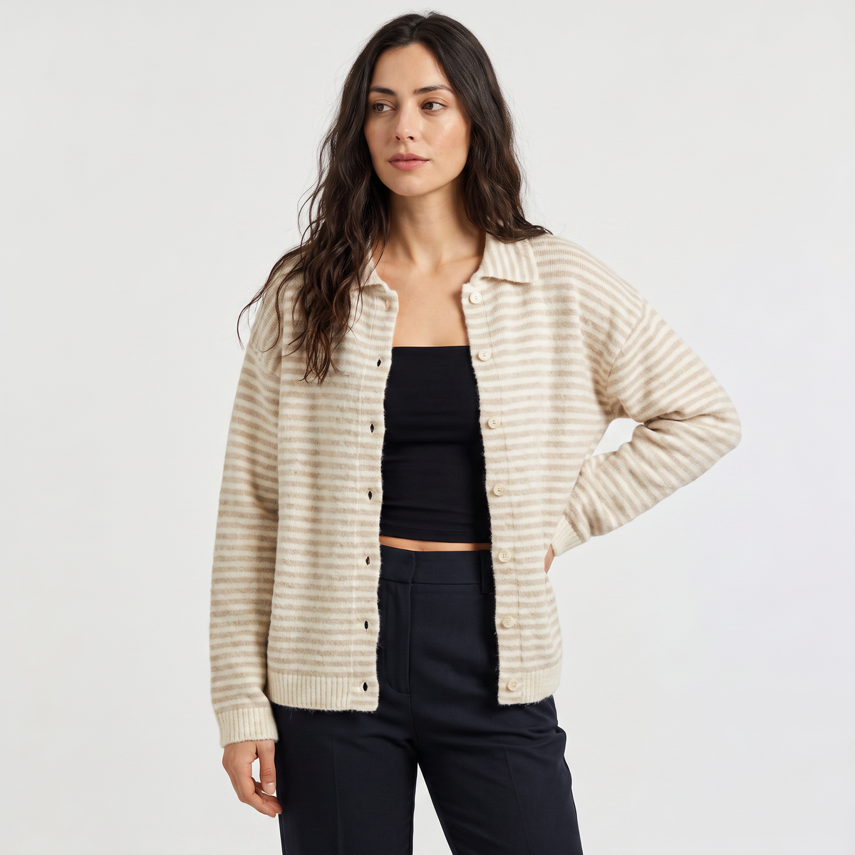 Women's Striped Collared Knit Cardigan - Button Front