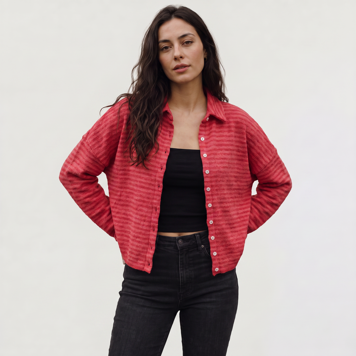 Women's Striped Collared Knit Cardigan - Button Front