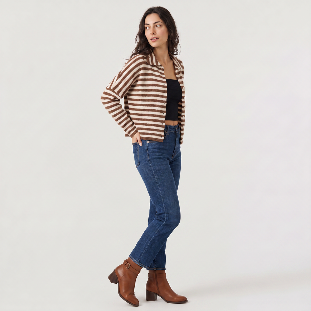 Women's Striped Collared Knit Cardigan - Button Front