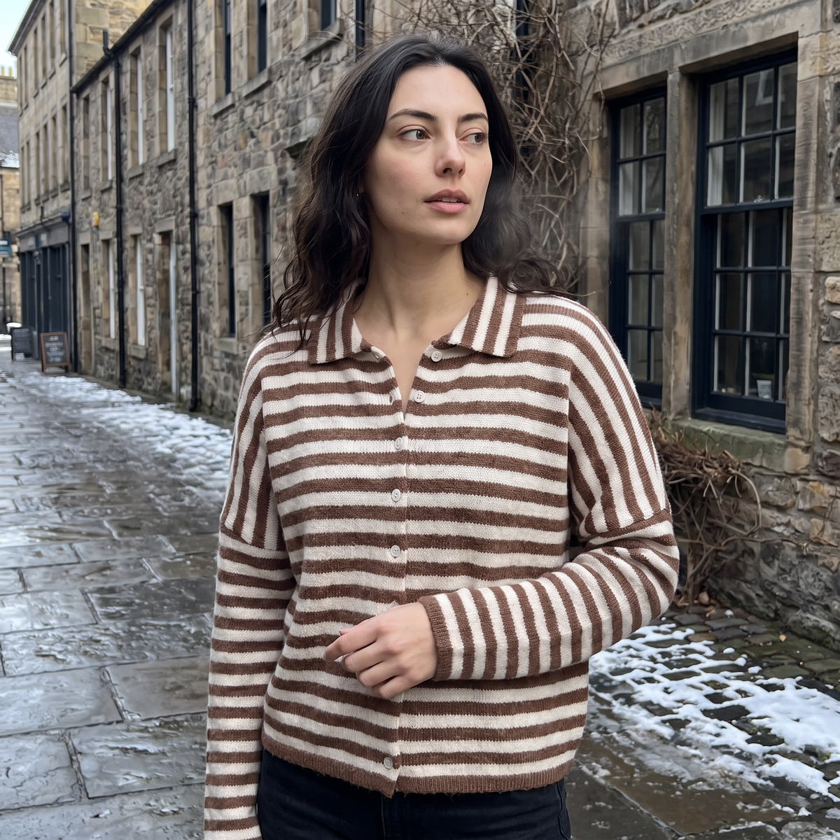 Women's Striped Collared Knit Cardigan - Button Front