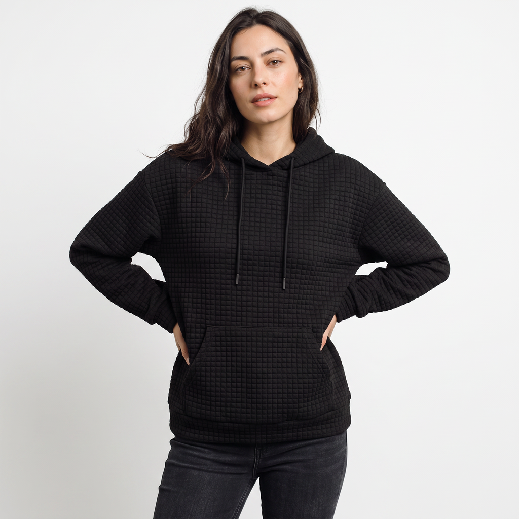 Women's Quilted Drawstring Hoodie - Kangaroo Pocket