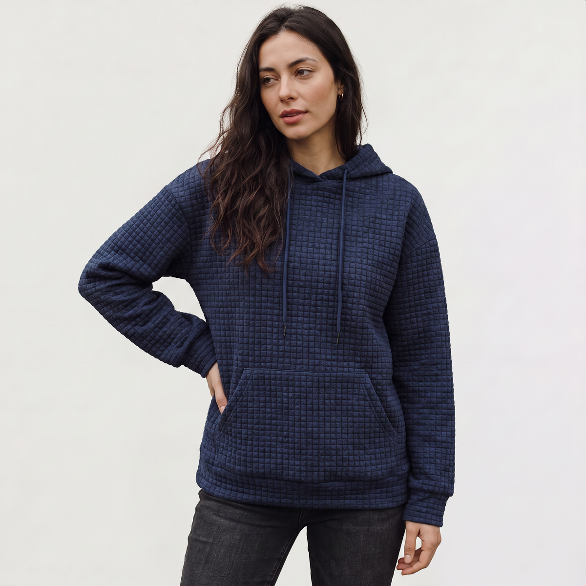 Women's Quilted Drawstring Hoodie - Kangaroo Pocket