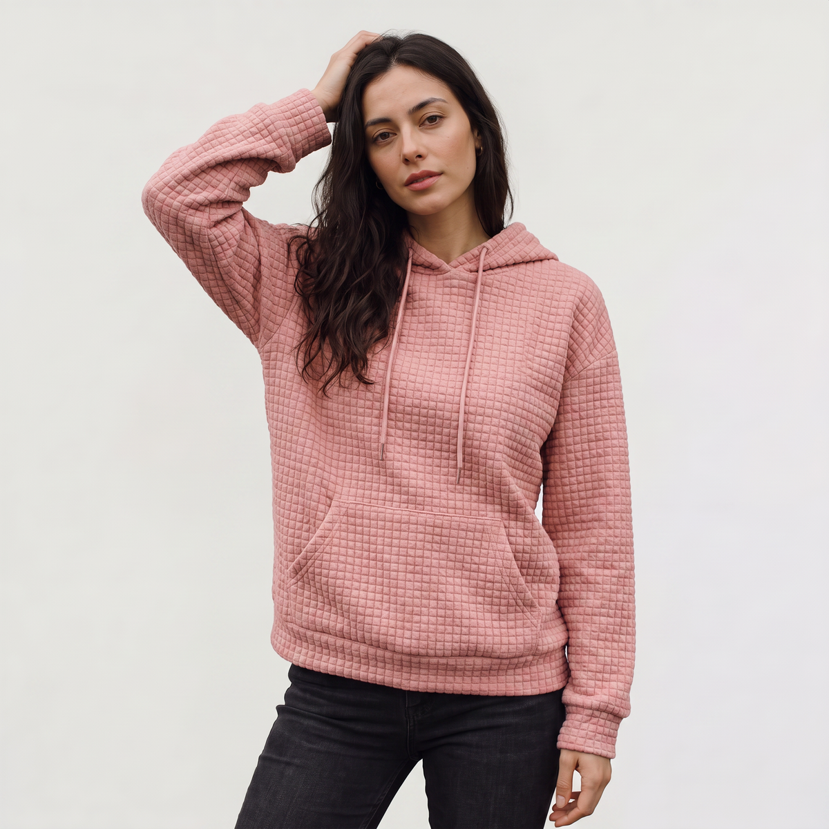 Women's Quilted Drawstring Hoodie - Kangaroo Pocket
