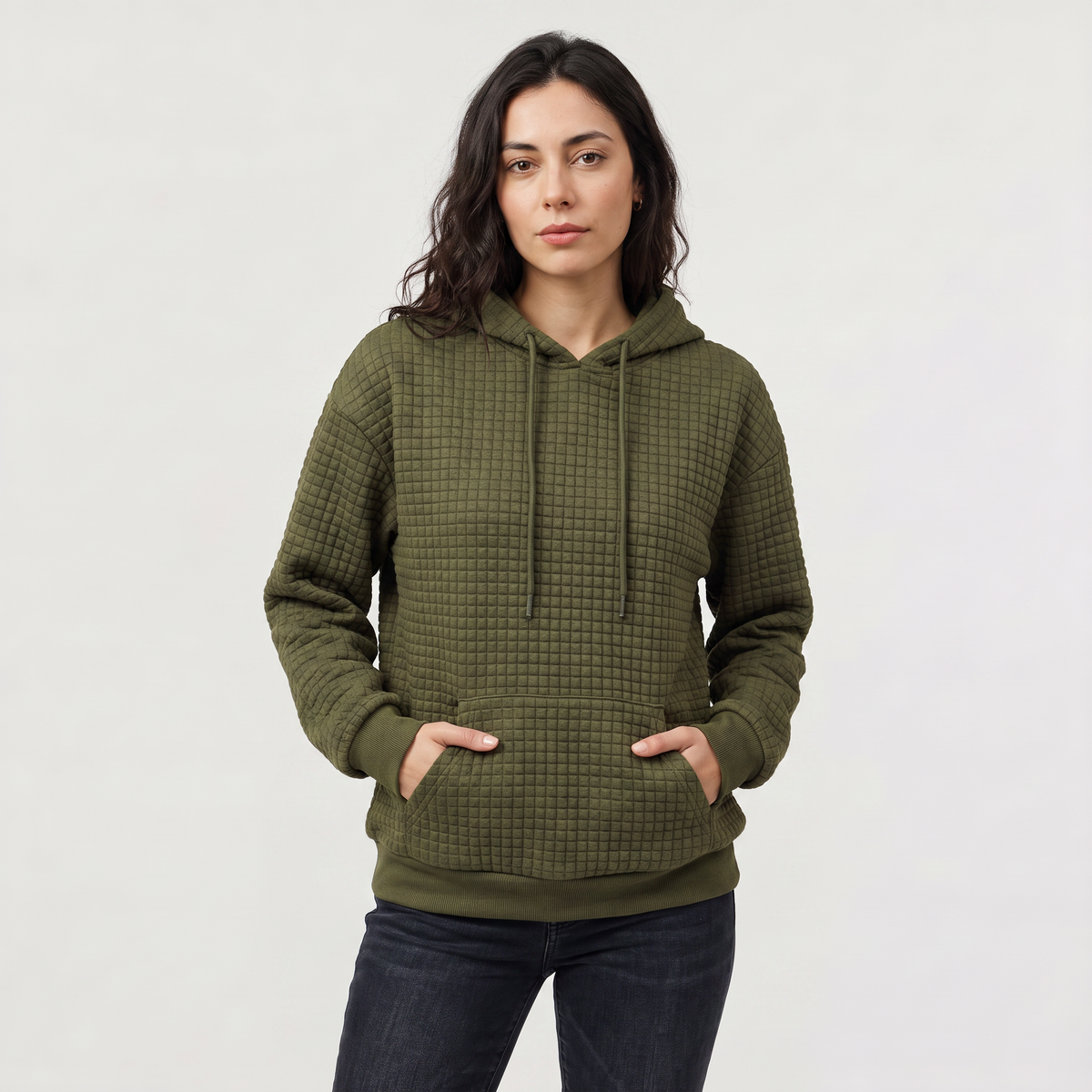 Women's Quilted Drawstring Hoodie - Kangaroo Pocket