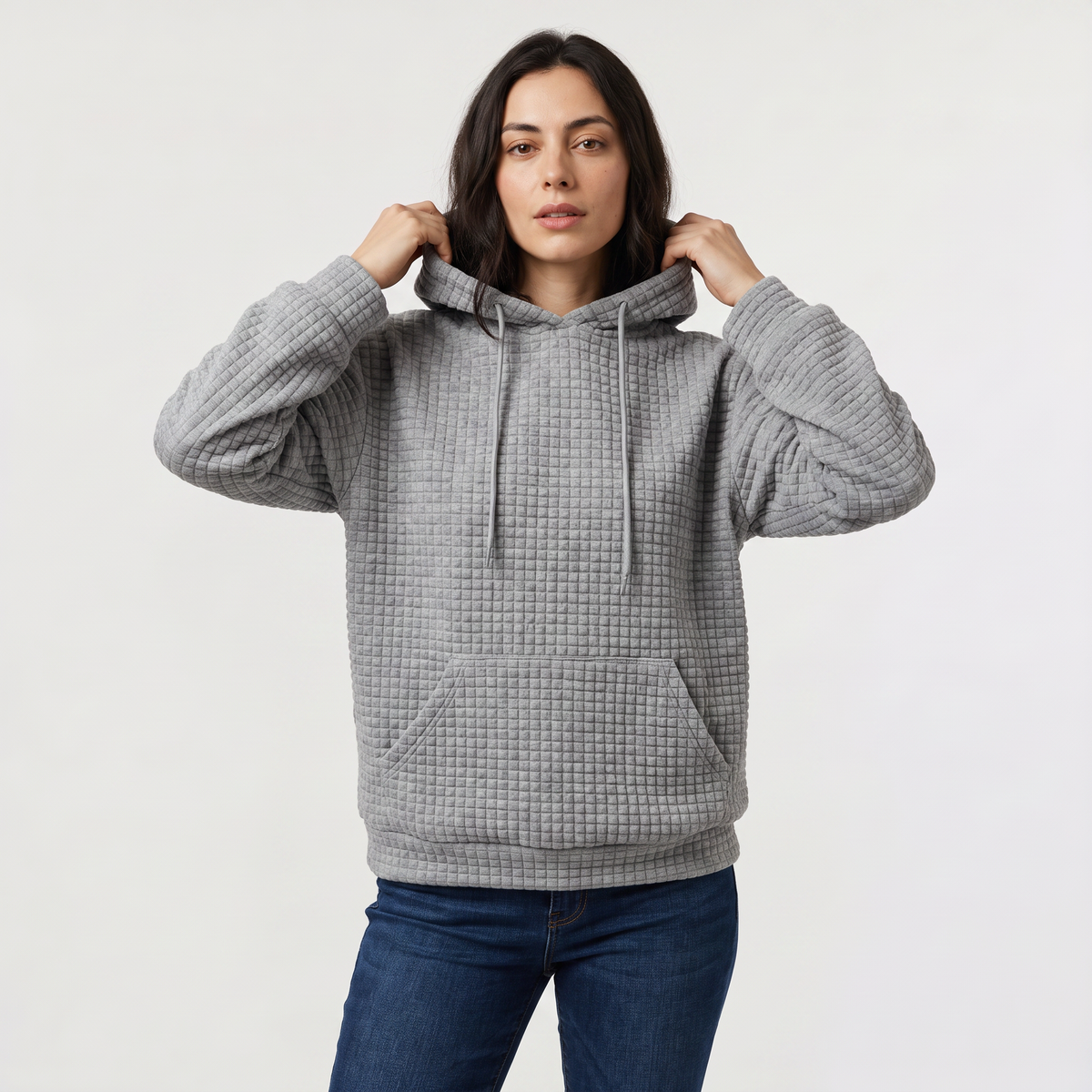Women's Quilted Drawstring Hoodie - Kangaroo Pocket