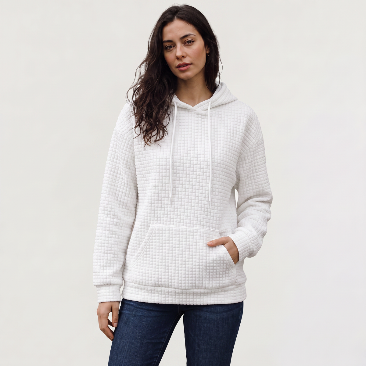 Women's Quilted Drawstring Hoodie - Kangaroo Pocket