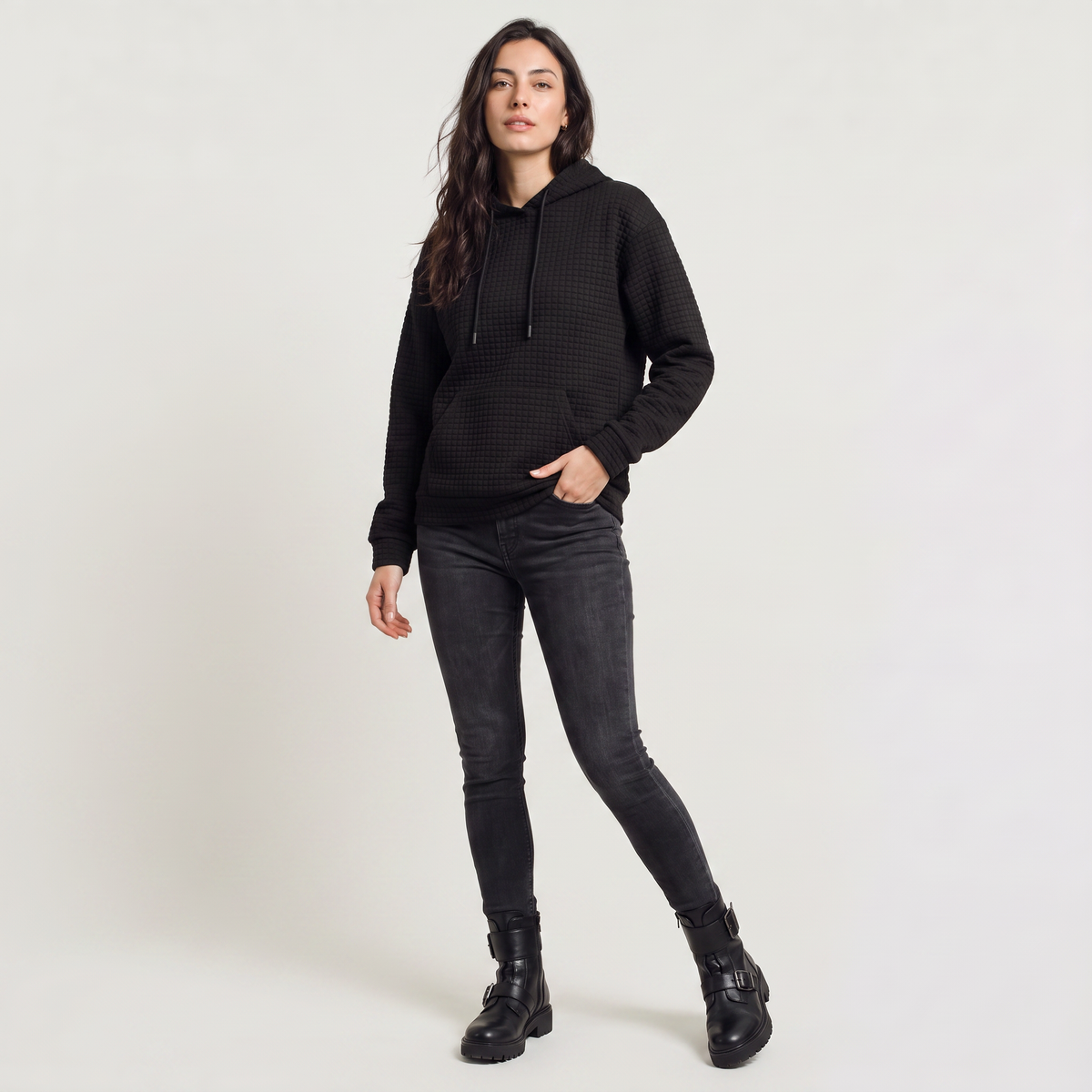 Women's Quilted Drawstring Hoodie - Kangaroo Pocket