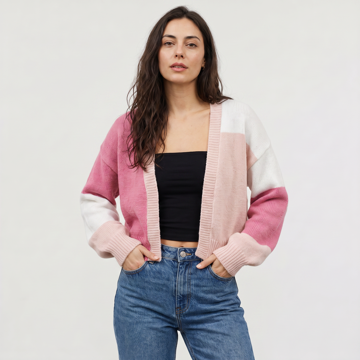 Women's Open Front Cropped Cardigan - Ribbed Cuffs