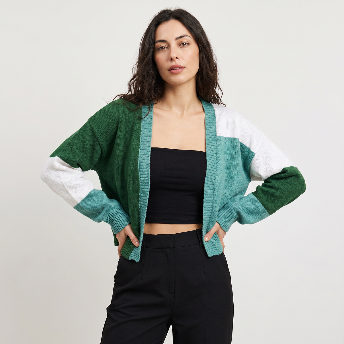 Women's Open Front Cropped Cardigan - Ribbed Cuffs