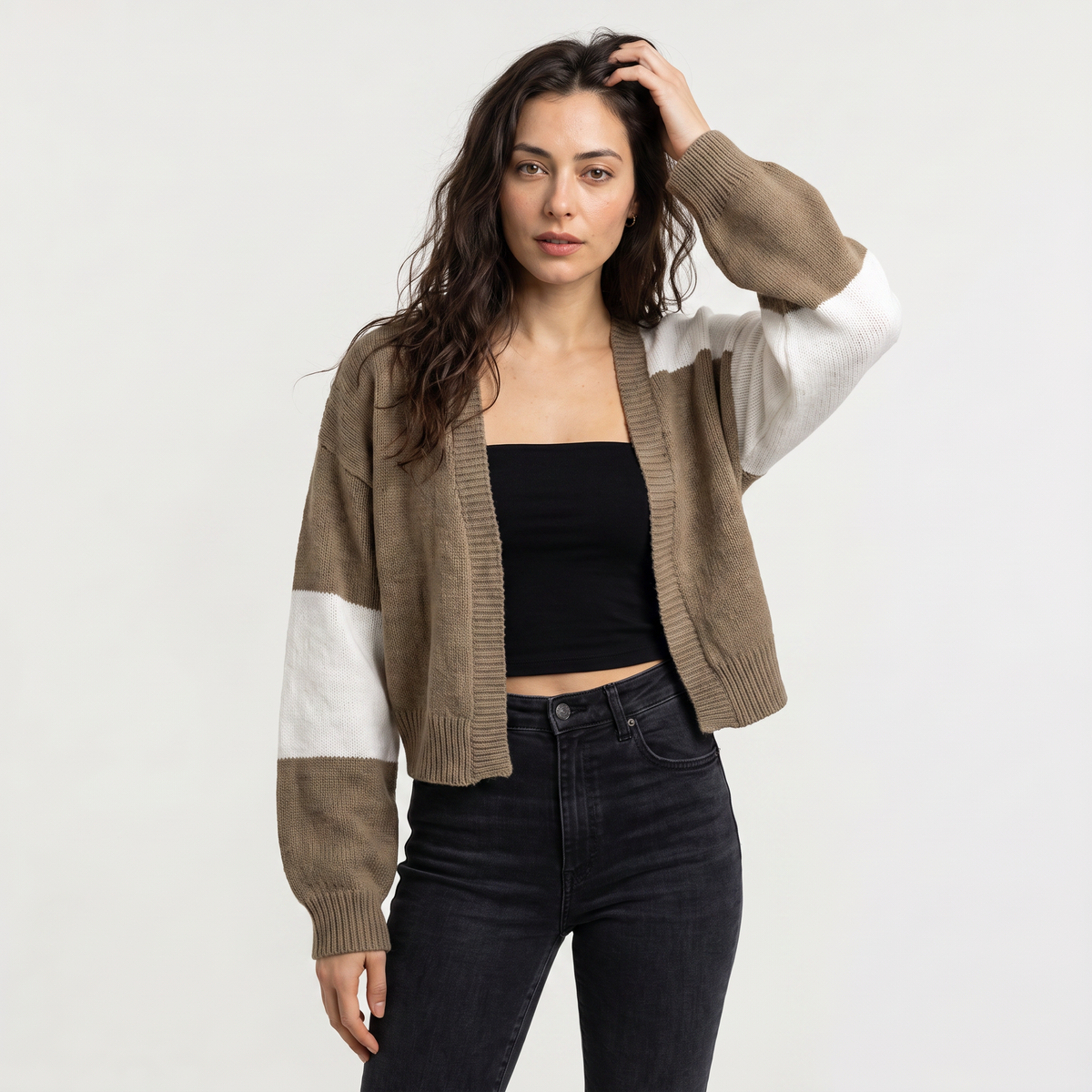 Women's Open Front Cropped Cardigan - Ribbed Cuffs
