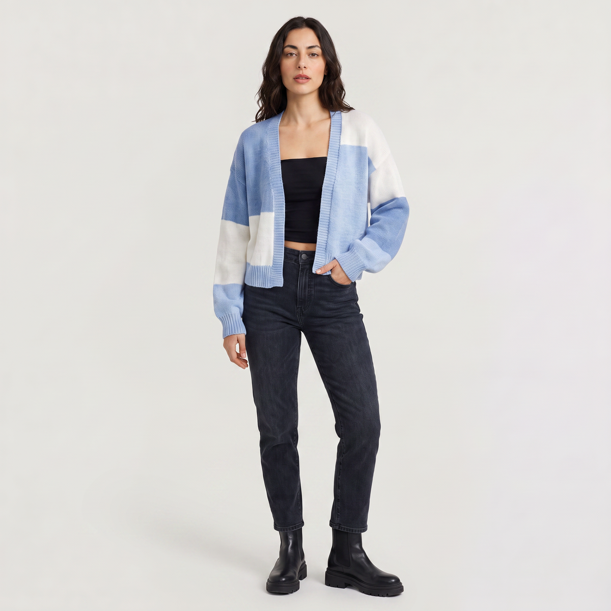 Women's Open Front Cropped Cardigan - Ribbed Cuffs