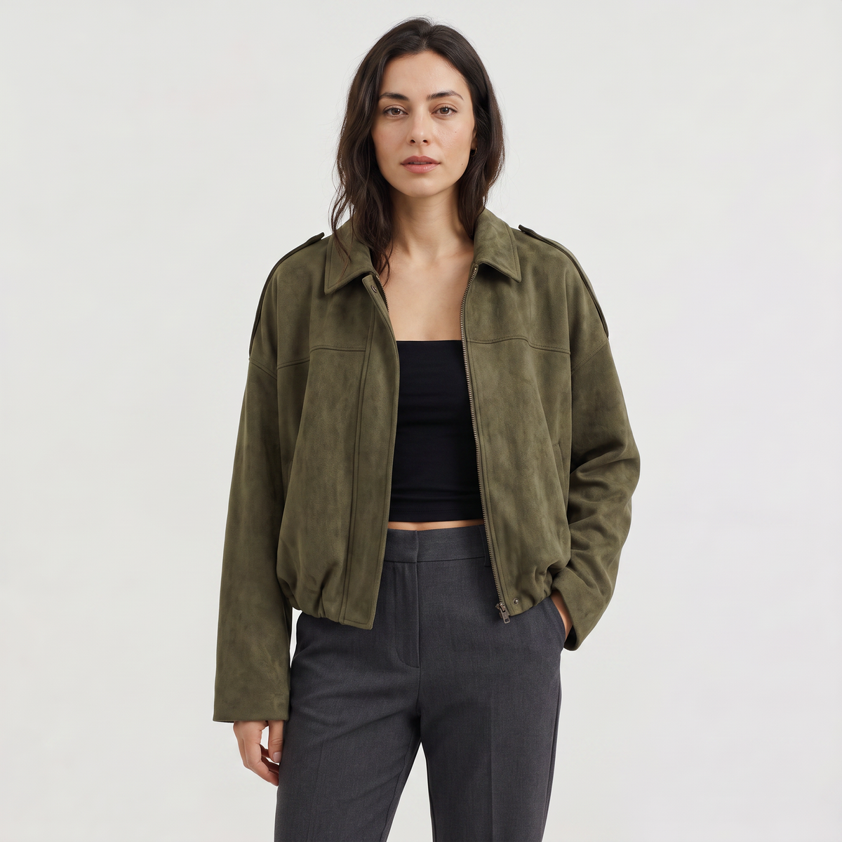 Women's Faux Suede Collared Bomber Jacket