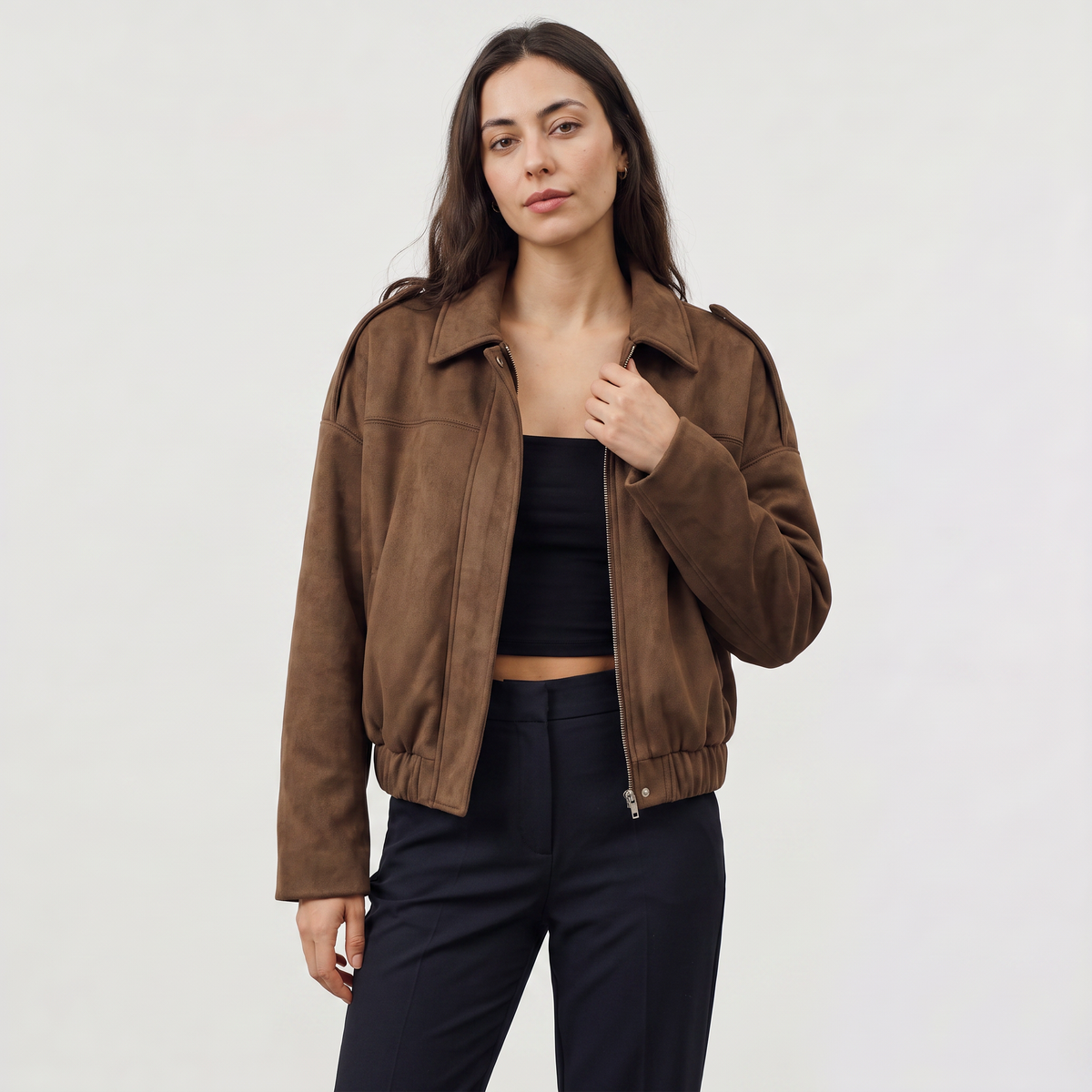 Women's Faux Suede Collared Bomber Jacket