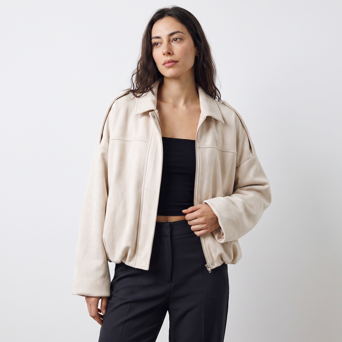 Women's Faux Suede Collared Bomber Jacket