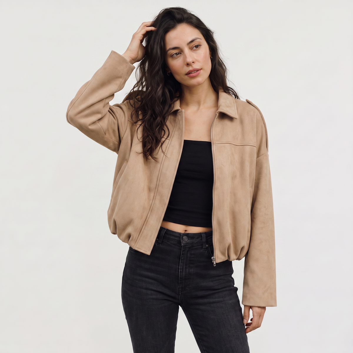 Women's Faux Suede Collared Bomber Jacket