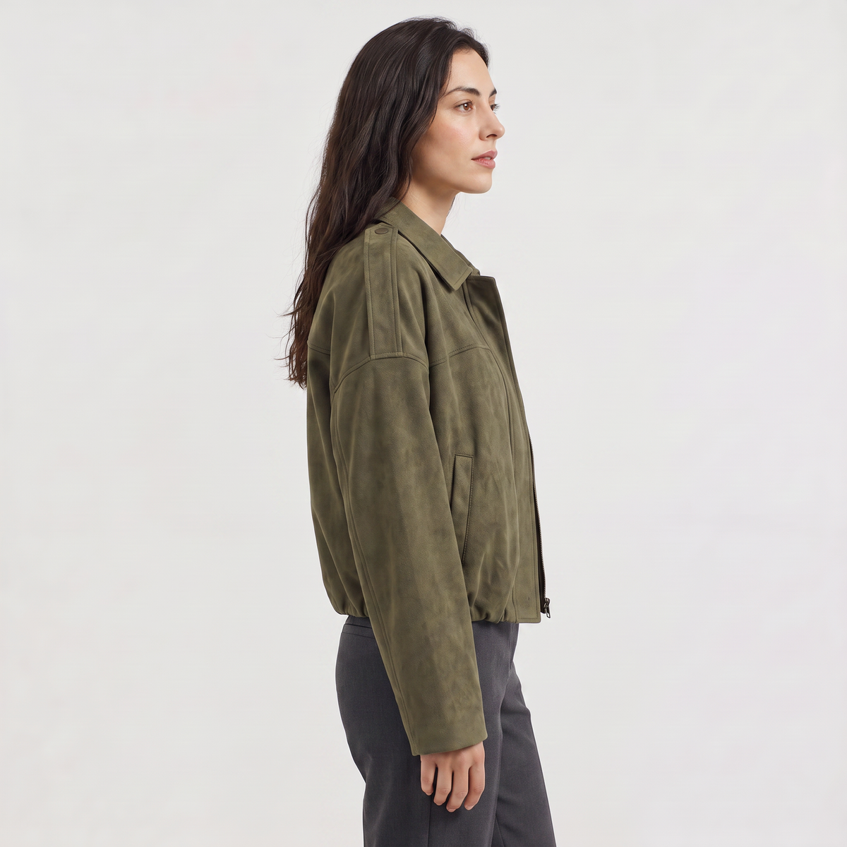 Women's Faux Suede Collared Bomber Jacket