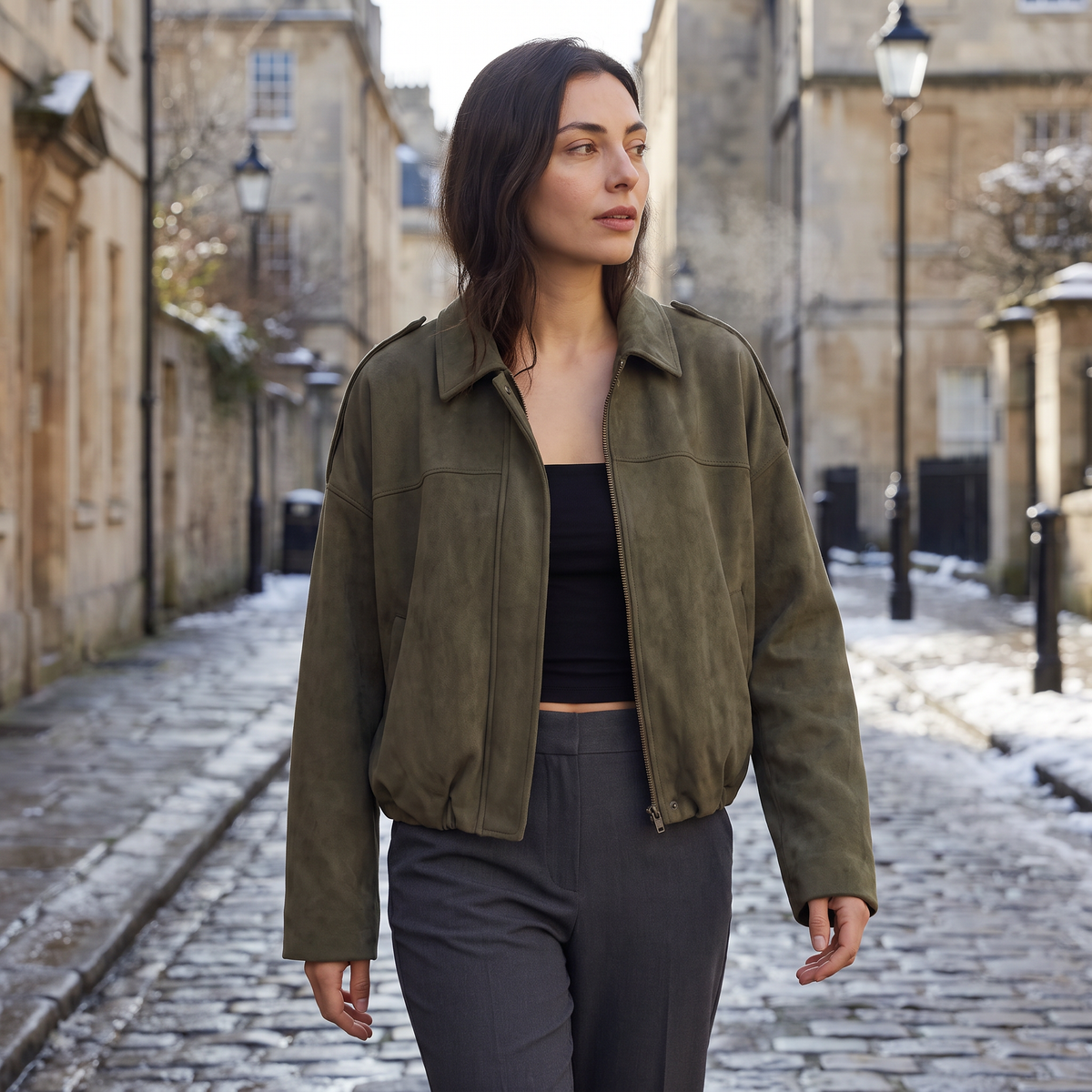 Women's Faux Suede Collared Bomber Jacket