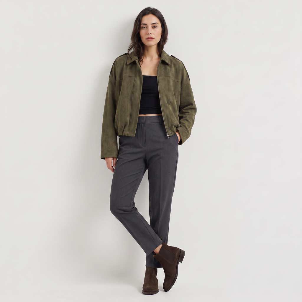 Women's Faux Suede Collared Bomber Jacket