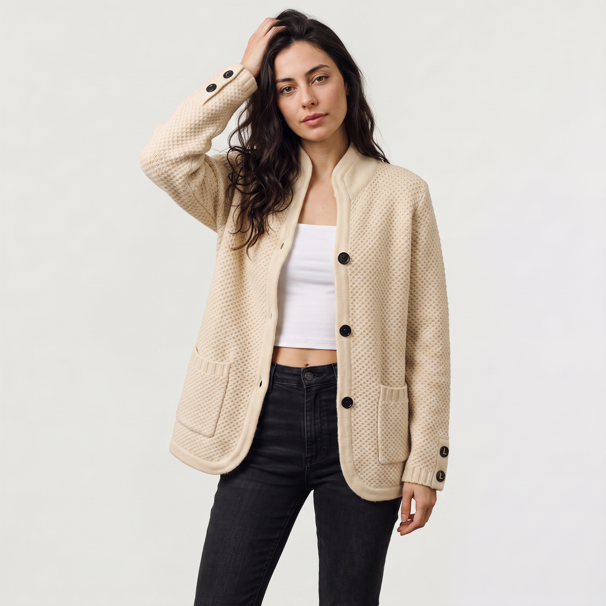 Women's Textured Knit Stand Collar Cardigan