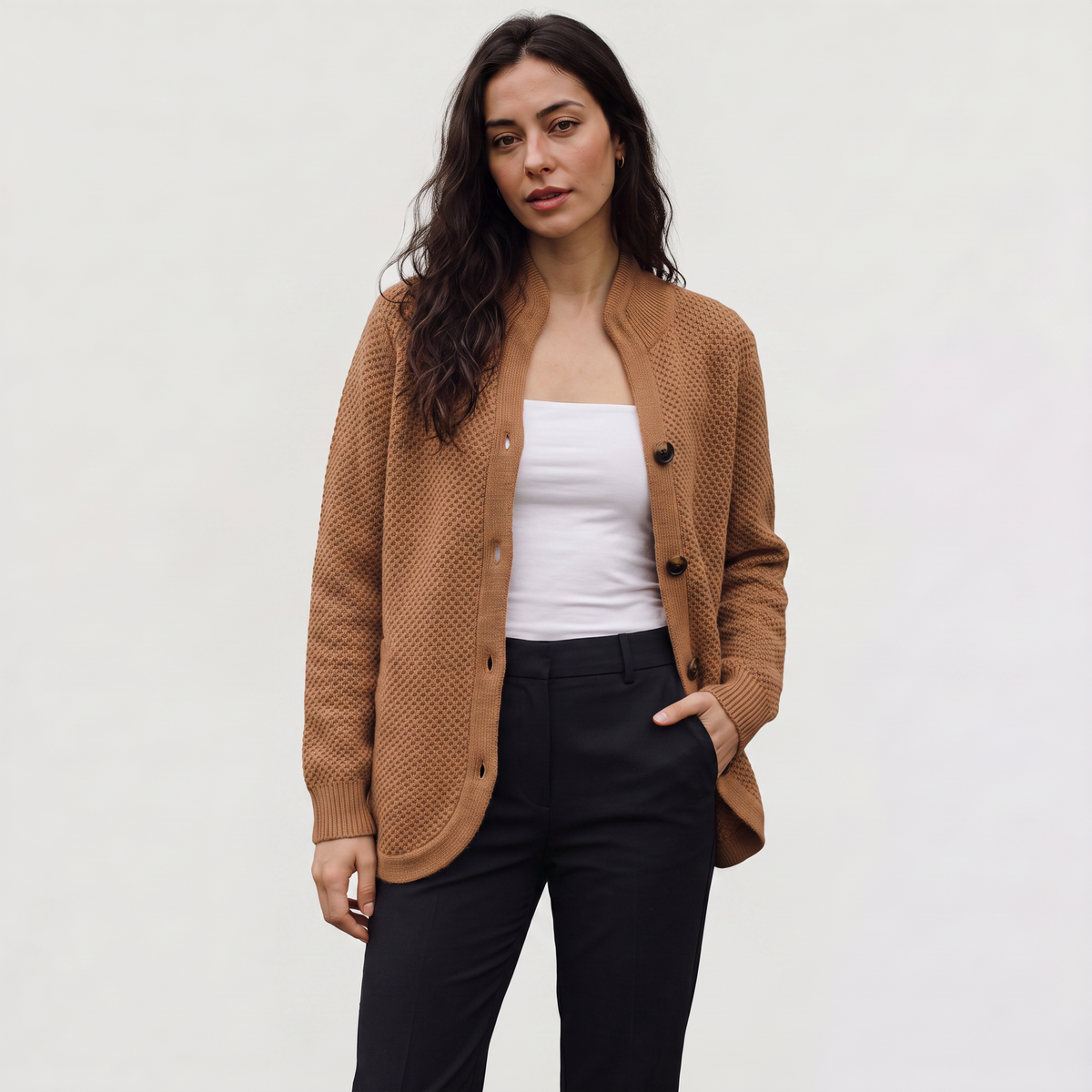 Women's Textured Knit Stand Collar Cardigan