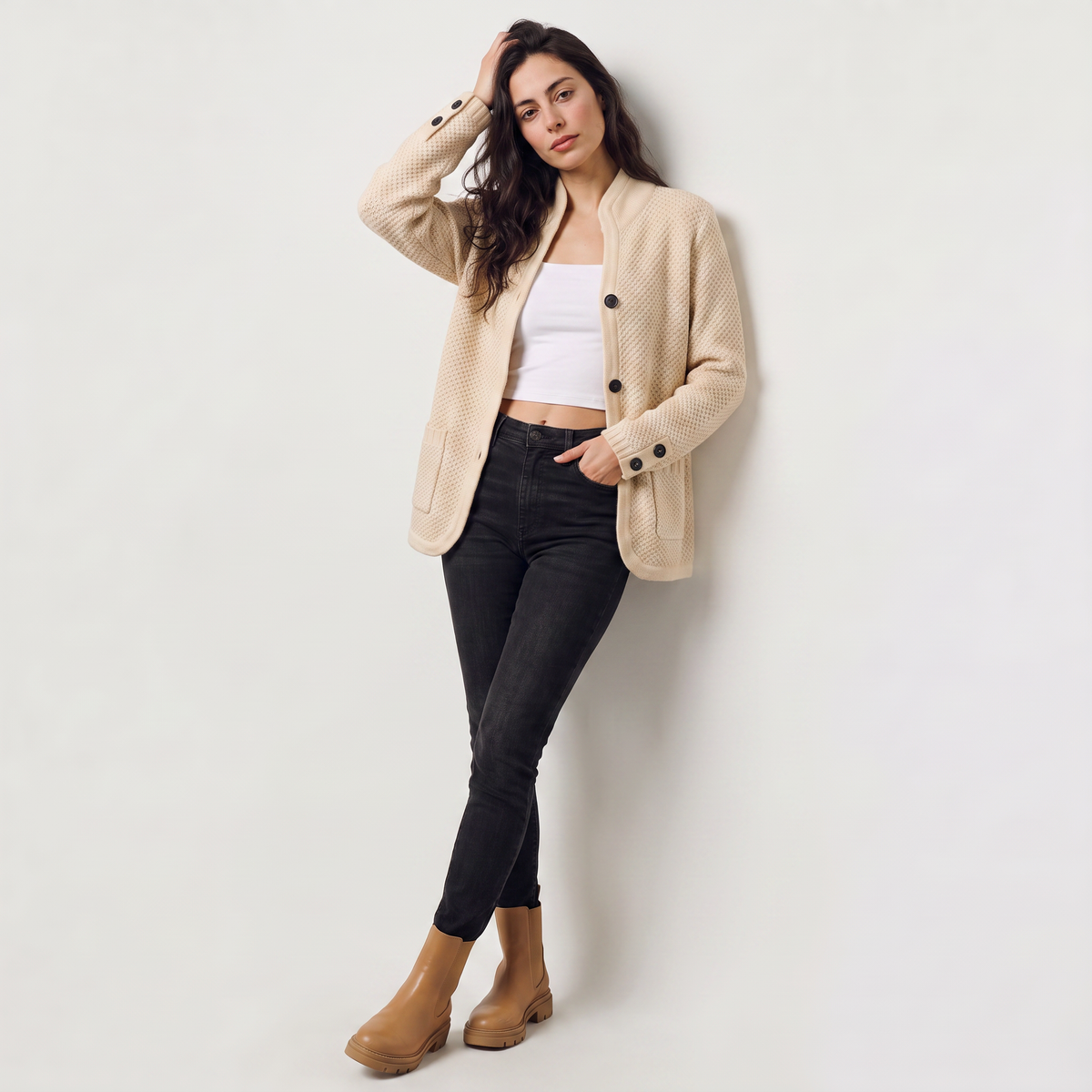 Women's Textured Knit Stand Collar Cardigan