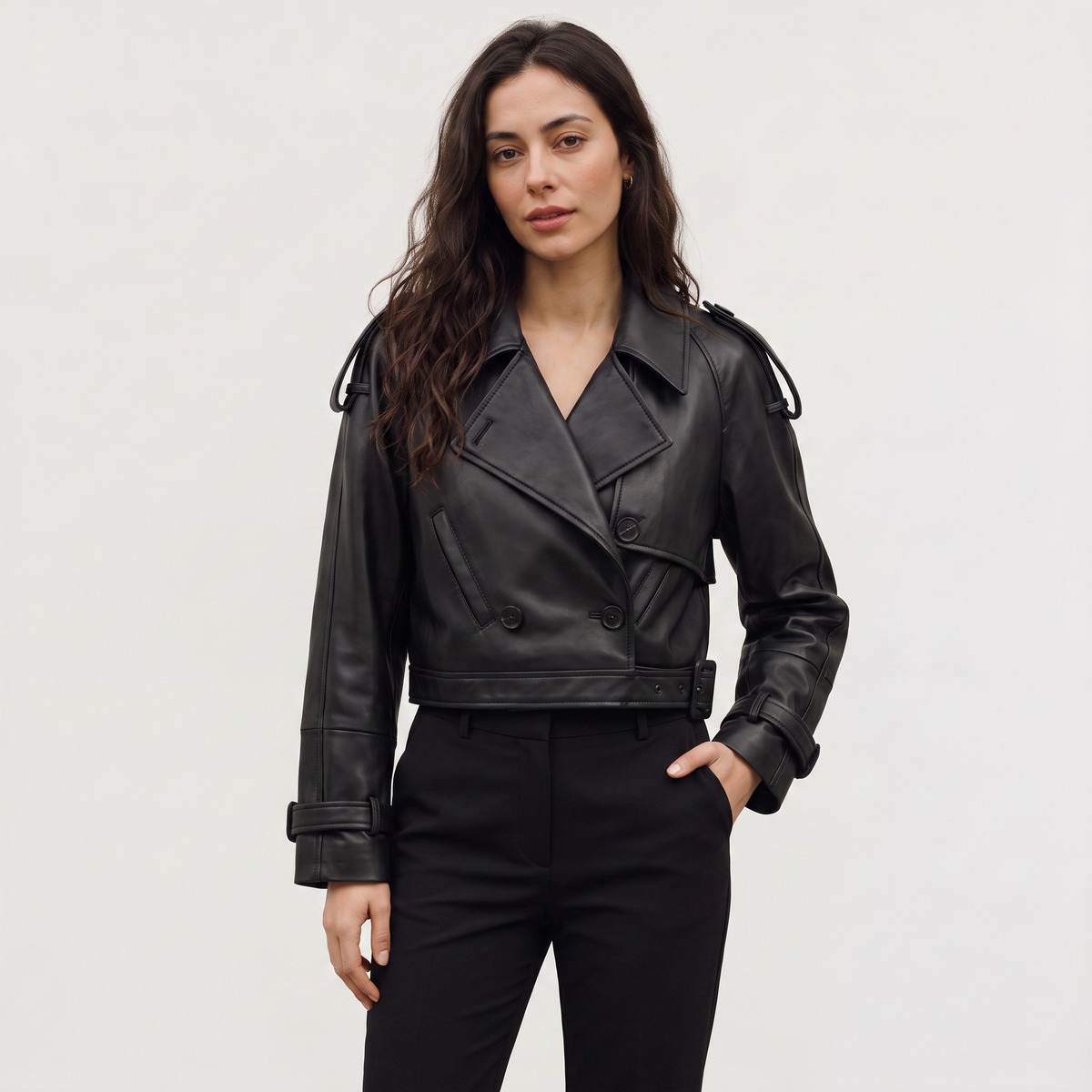 Women's Cropped Belted Double-Breasted Trench Coat