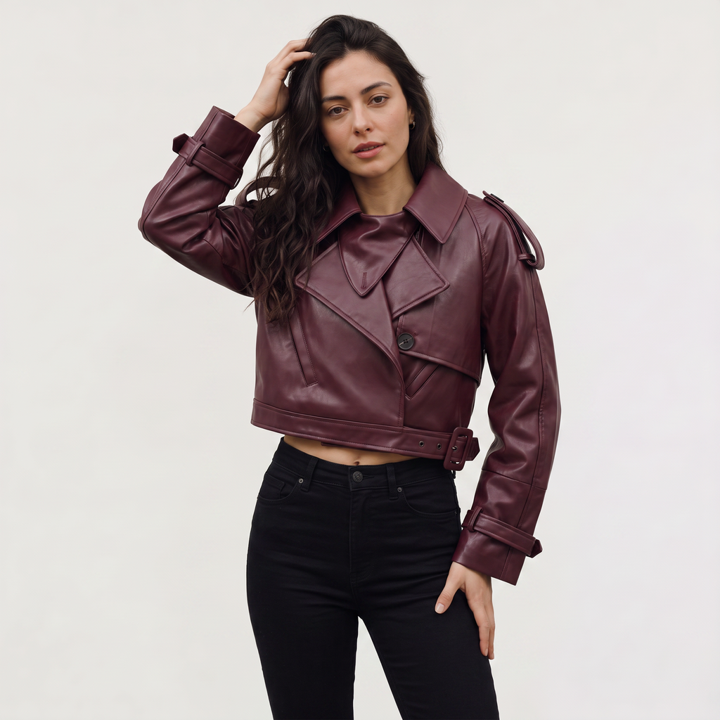 Women's Cropped Belted Double-Breasted Trench Coat