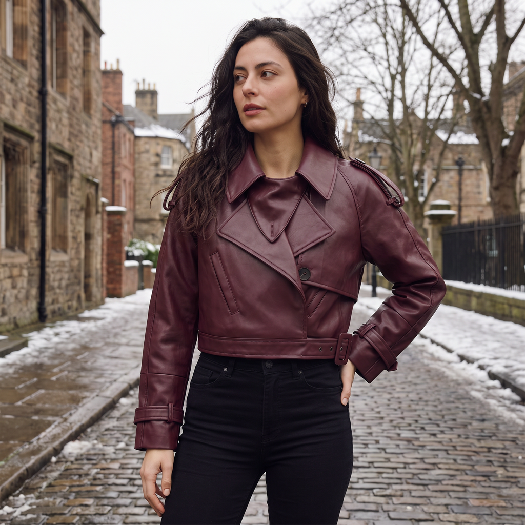Women's Cropped Belted Double-Breasted Trench Coat