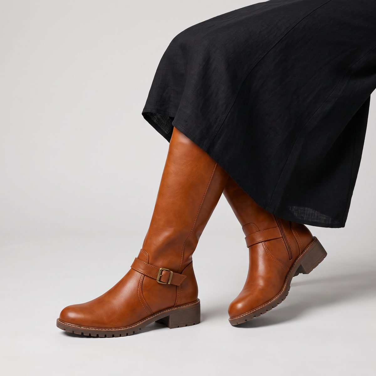 Women's Faux Leather Knee-High Buckle Riding Boots