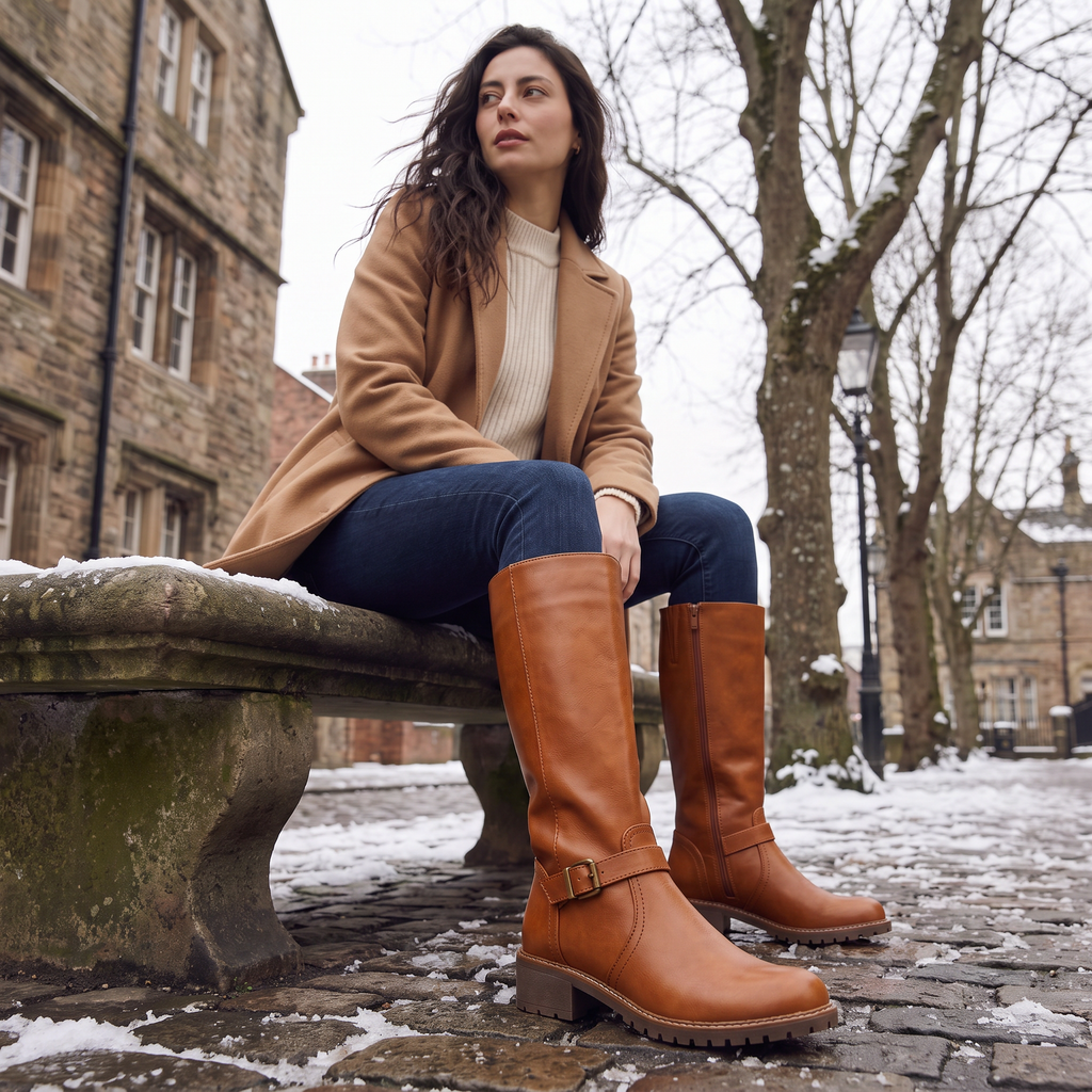 Women's Faux Leather Knee-High Buckle Riding Boots