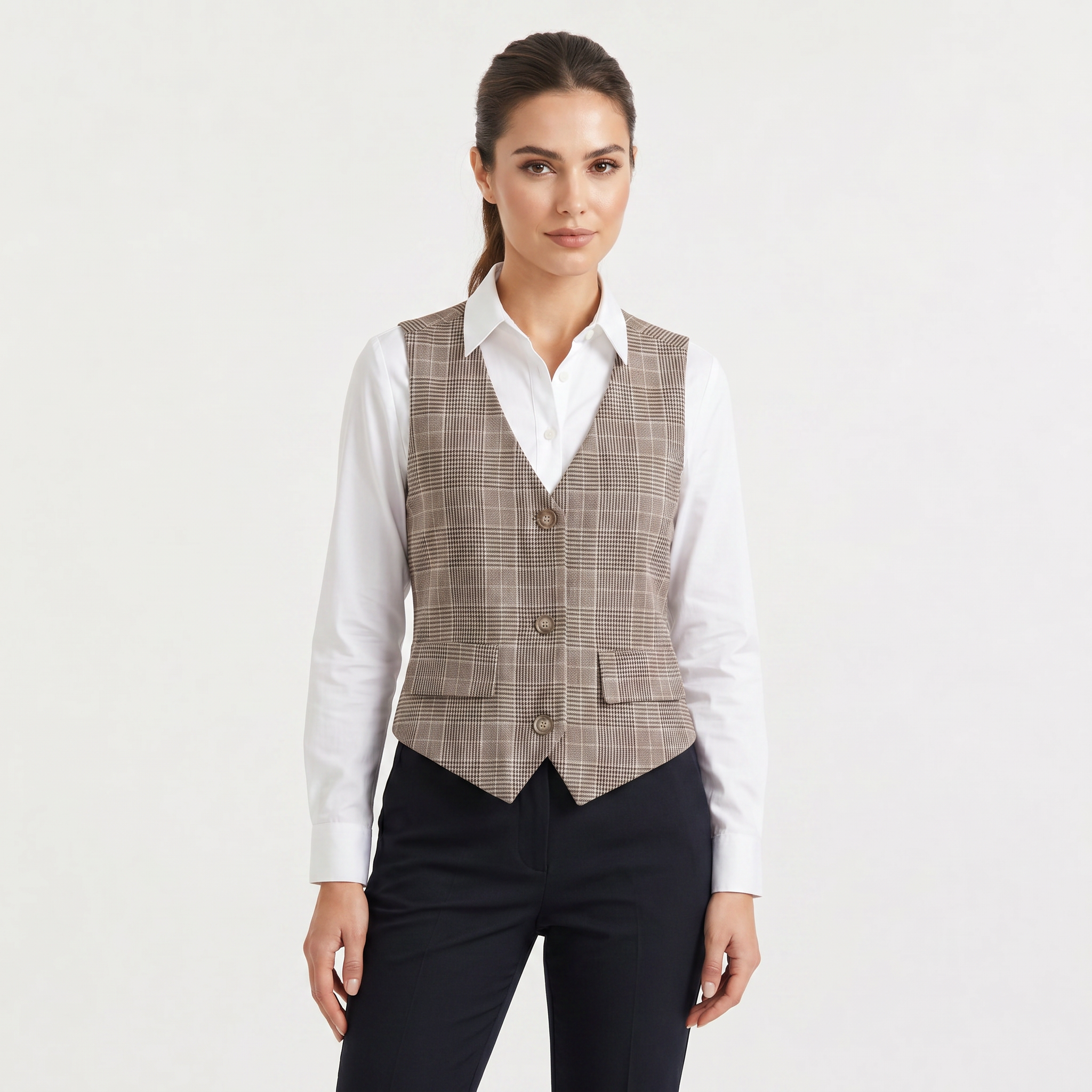 Women's Beige Plaid Button-Front Waistcoat