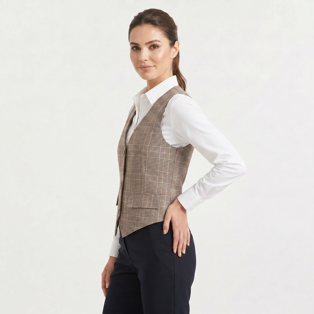 Women's Beige Plaid Button-Front Waistcoat