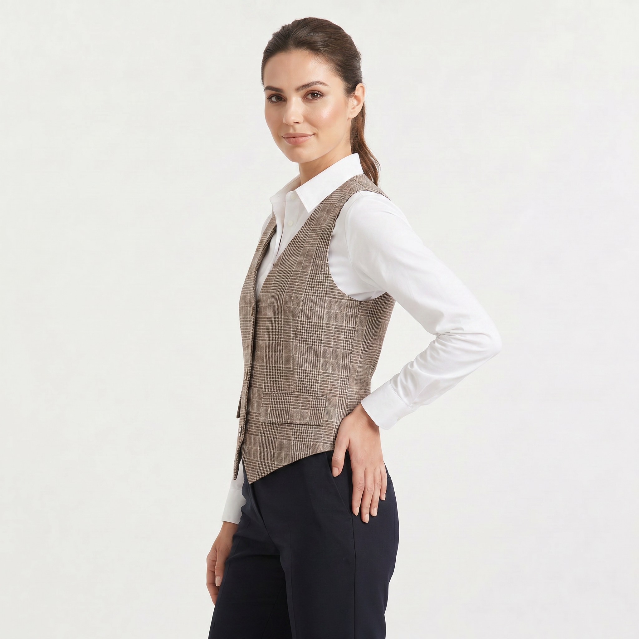 Women's Beige Plaid Button-Front Waistcoat