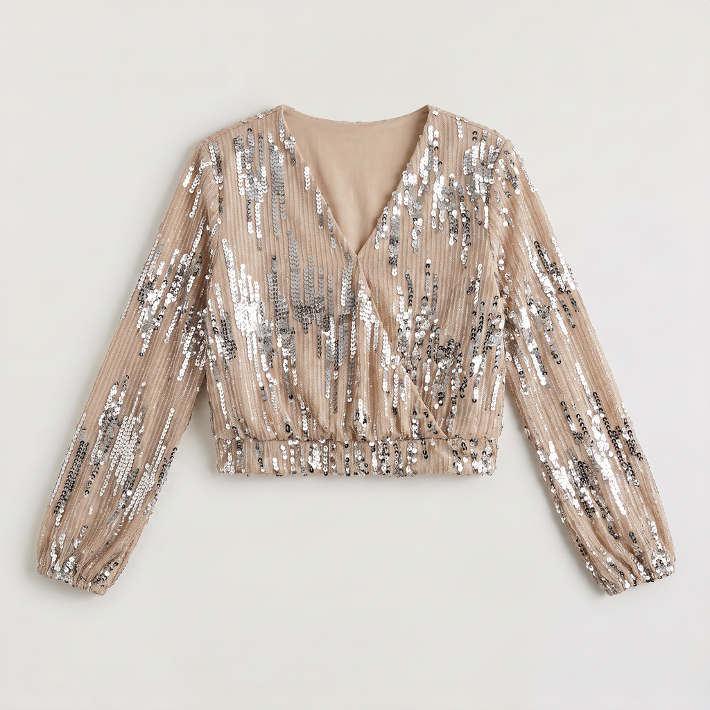 Women's Long Sleeve Sequin V-Neck Blouse