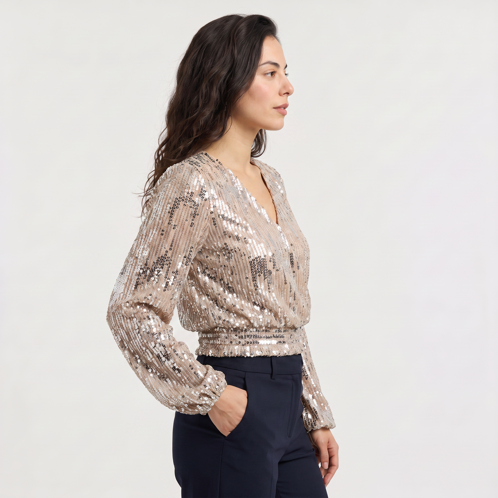 Women's Long Sleeve Sequin V-Neck Blouse