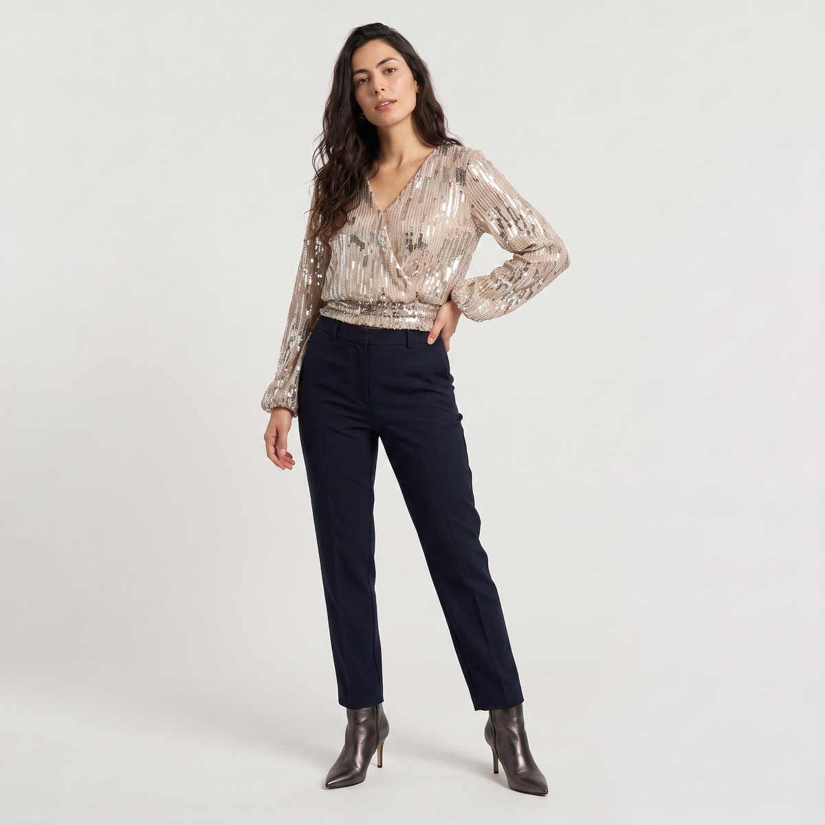 Women's Long Sleeve Sequin V-Neck Blouse