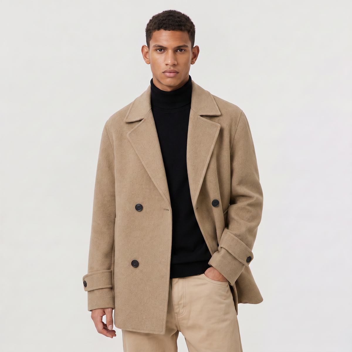 Men's Double-Breasted Wool Blend Short Trench Coat