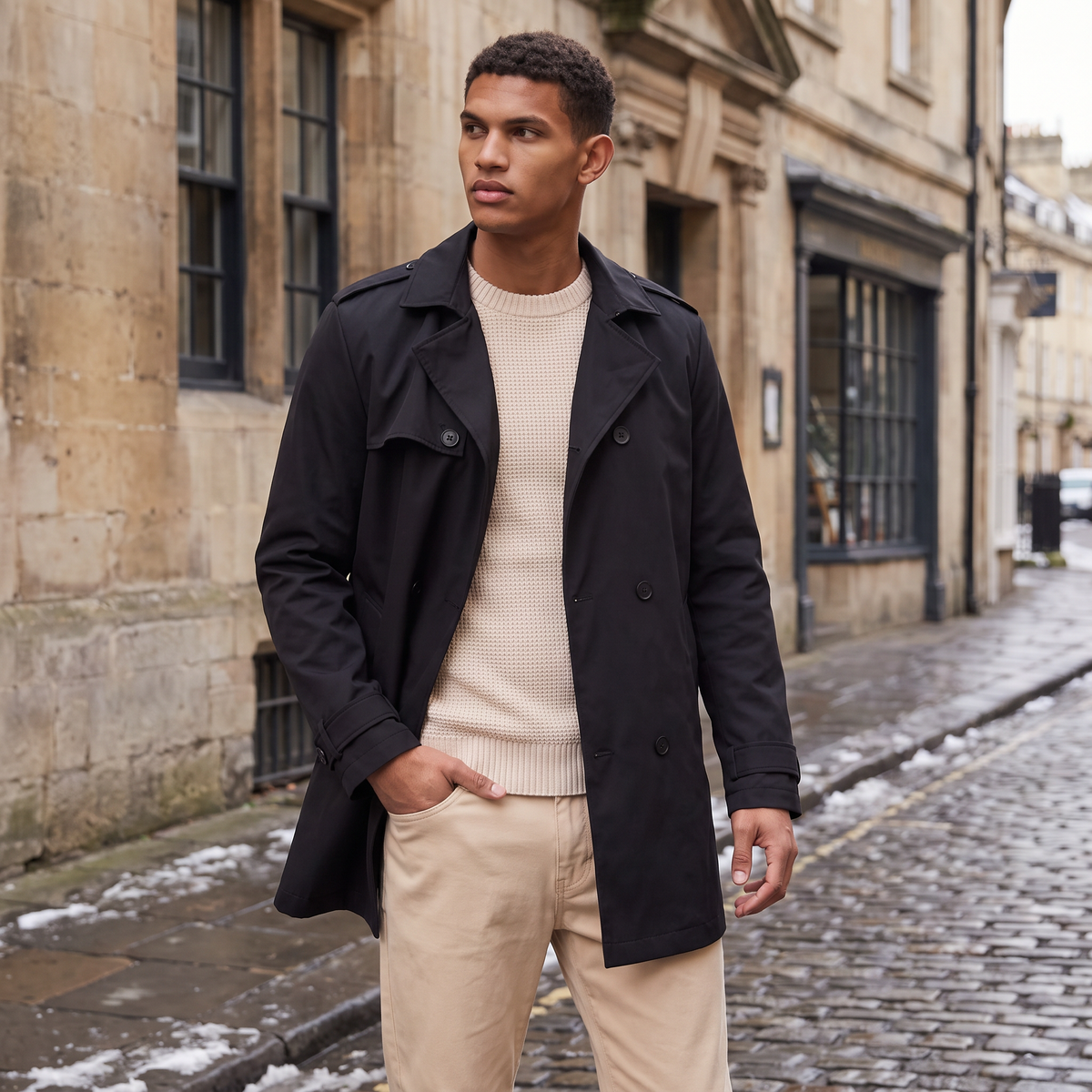 Men's Double-Breasted Mid-Length Trench Coat