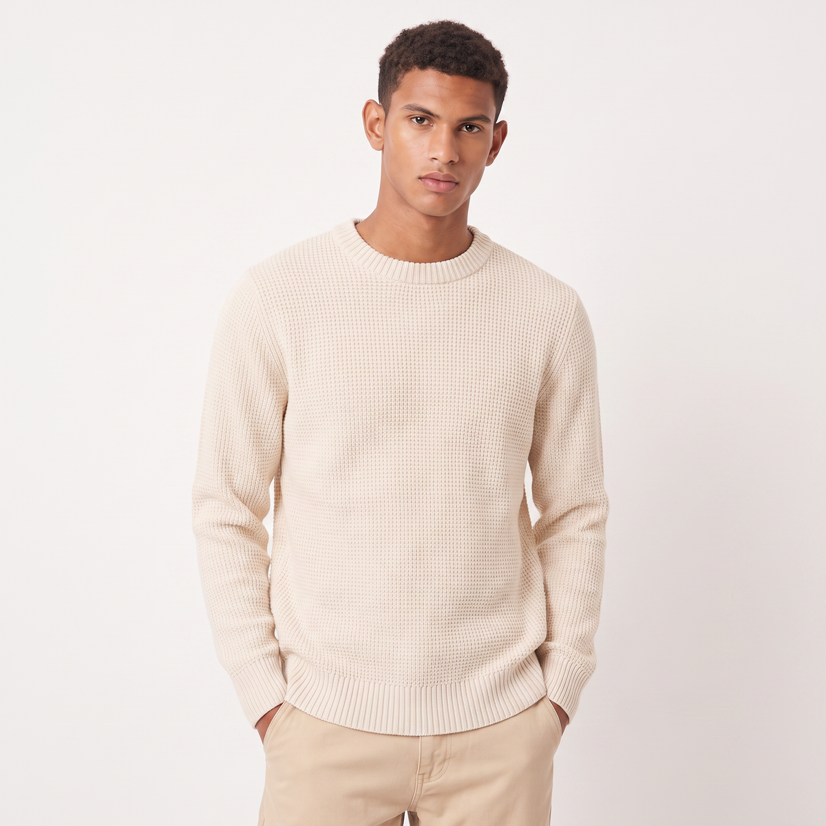 Men's Loose Fit Textured Crew Neck Jumper