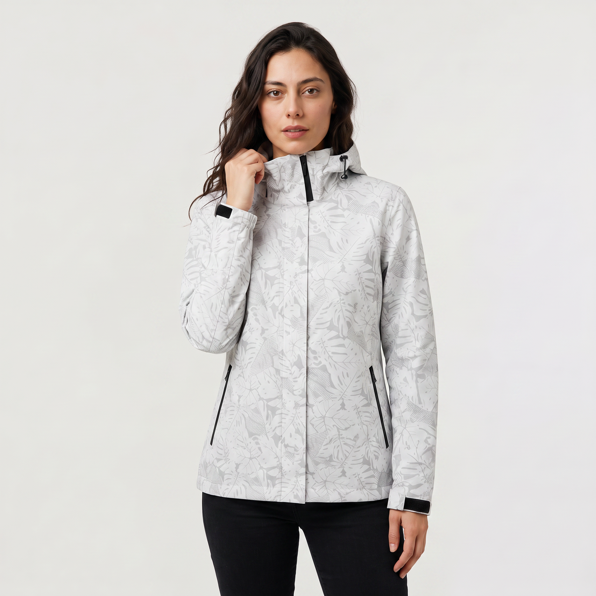 Women's Leaf Print Waterproof Hooded Zip Jacket