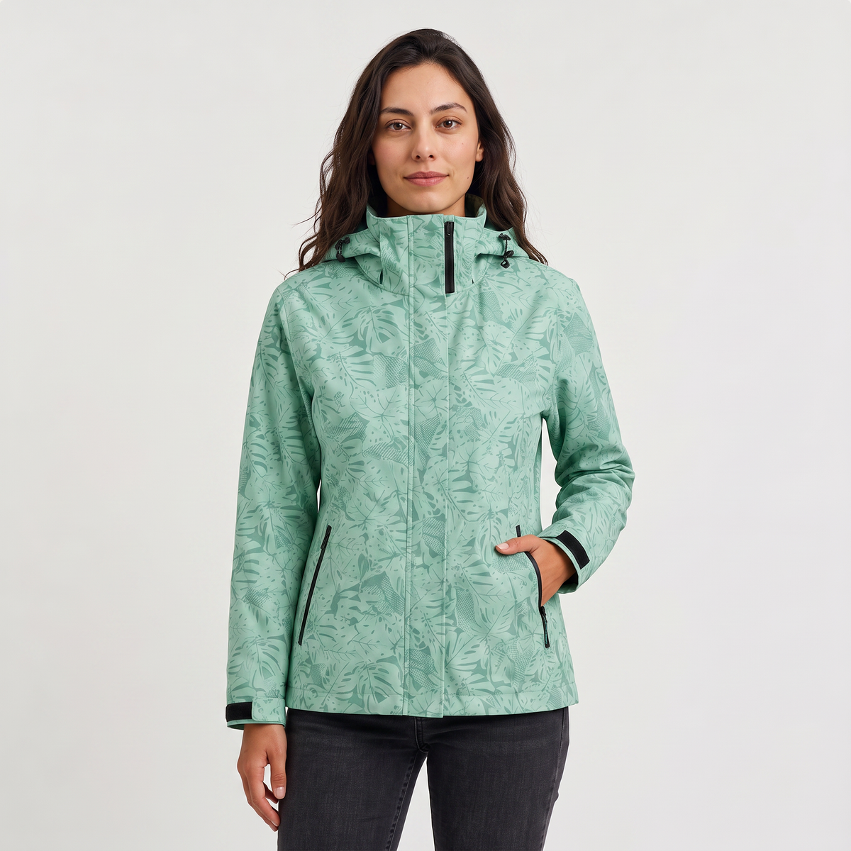 Women's Leaf Print Waterproof Hooded Zip Jacket