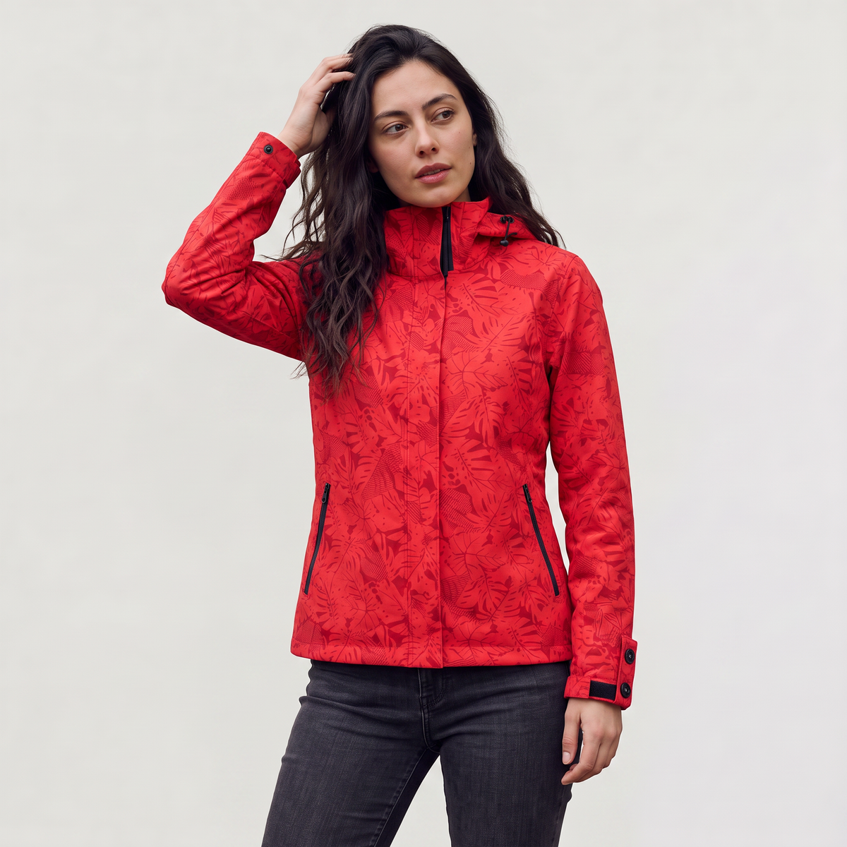 Women's Leaf Print Waterproof Hooded Zip Jacket