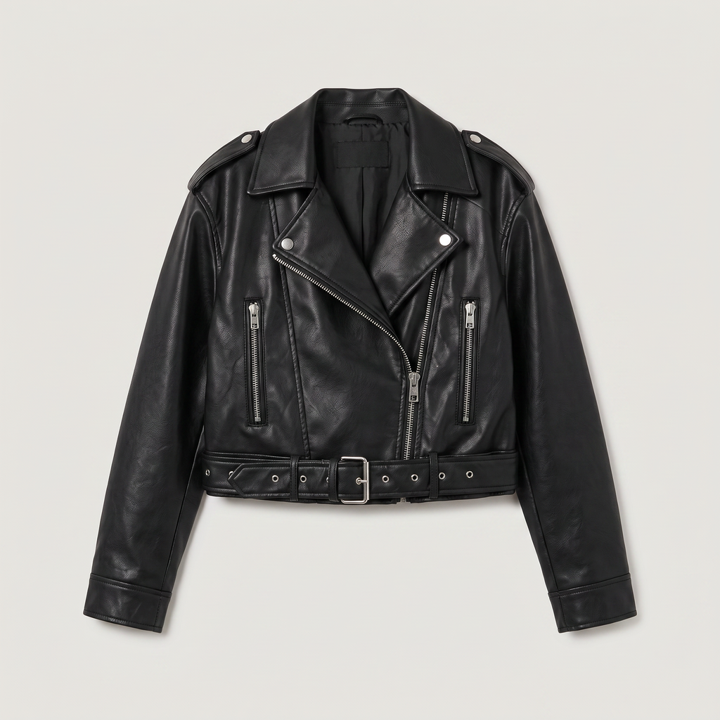 Women's Leather Cropped Biker Jacket with Belt