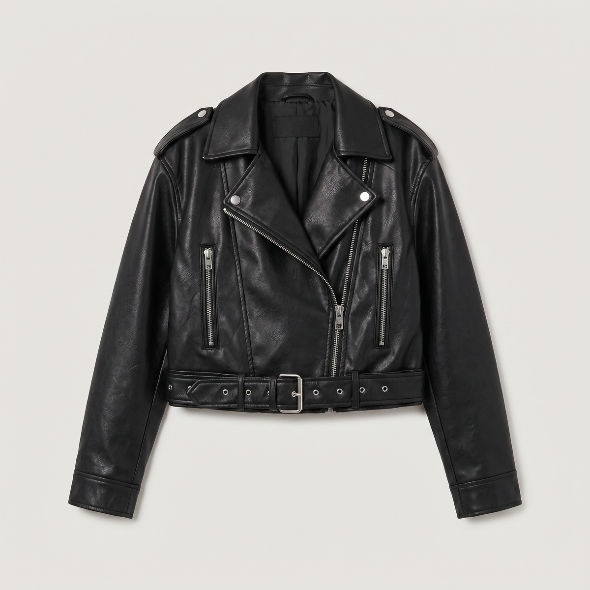 Women's Leather Cropped Biker Jacket with Belt