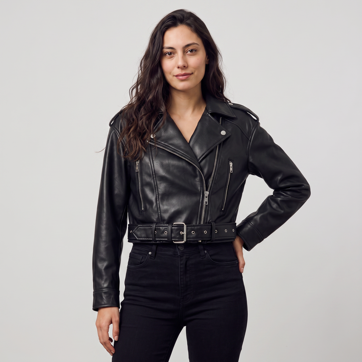 Women's Leather Cropped Biker Jacket with Belt