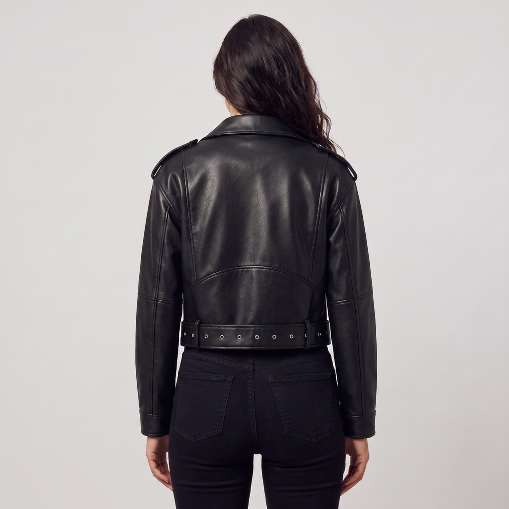 Women's Leather Cropped Biker Jacket with Belt