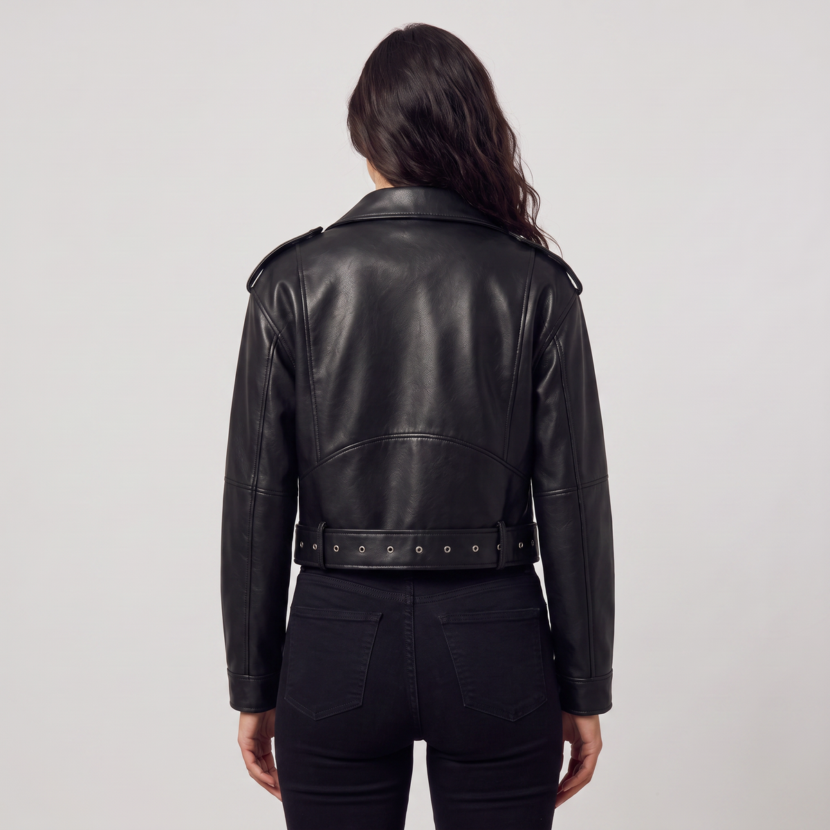 Women's Leather Cropped Biker Jacket with Belt