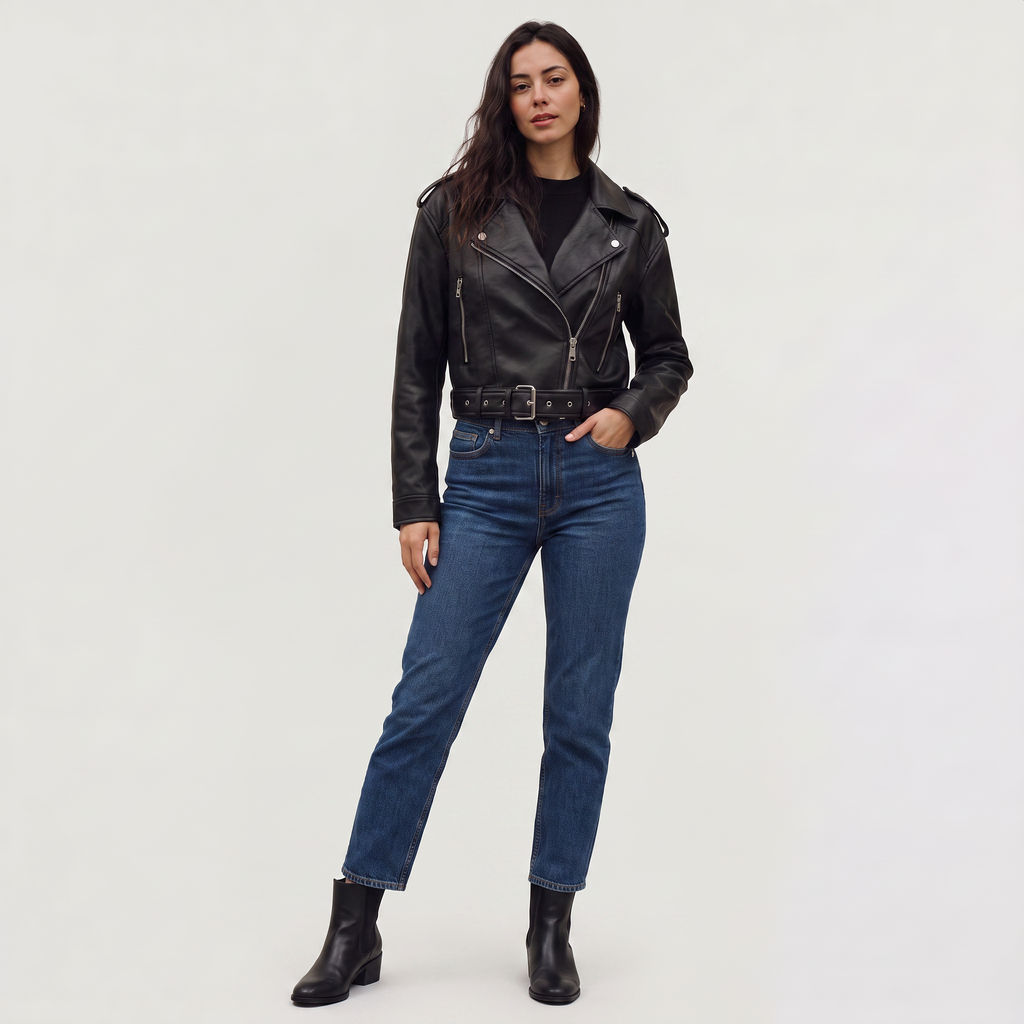 Women's Leather Cropped Biker Jacket with Belt