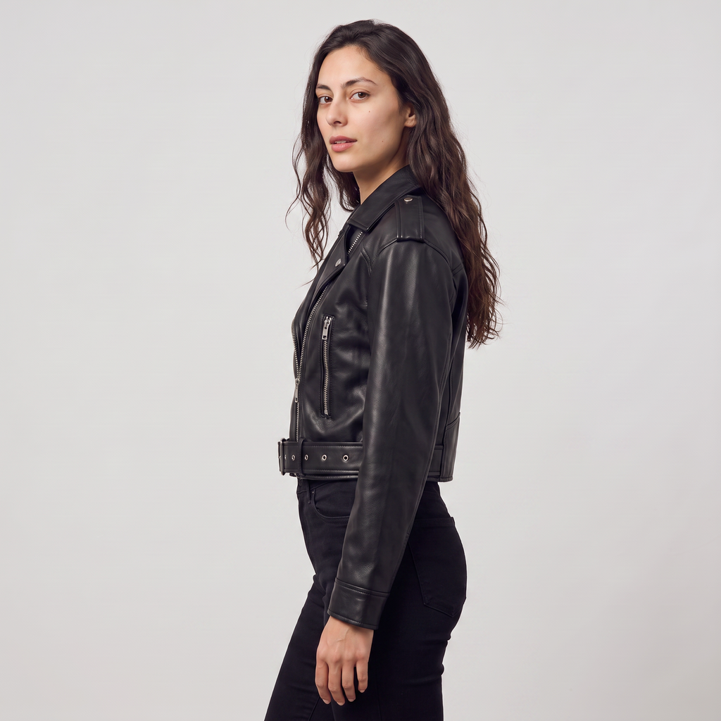 Women's Leather Cropped Biker Jacket with Belt